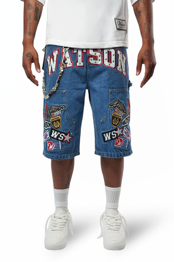 WATSON MULTI PATCH LIGHT BLUE DENIM SHORTS