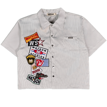 WATSON MULTI APPLIQUE PATCHWORK WHITE AND BLACK PINSTRIPE BUTTON DOWN SHIRT