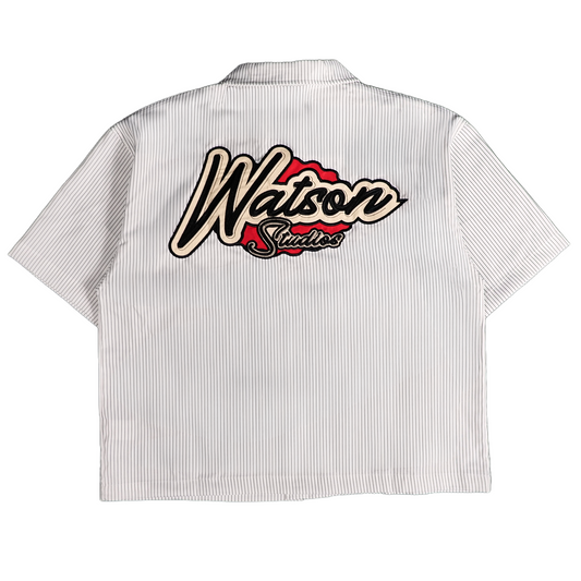 WATSON MULTI APPLIQUE PATCHWORK WHITE AND BLACK PINSTRIPE BUTTON DOWN SHIRT