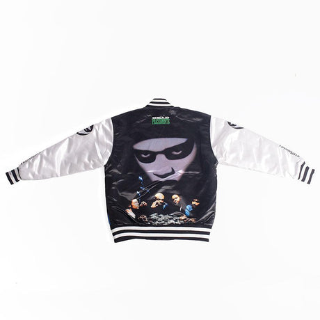 White/Black Dead Presidents Satin Jacket With Sleeve Logos - Allstarelite.com