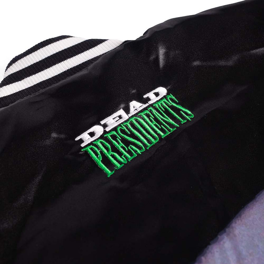 White/Black Dead Presidents Satin Jacket With Sleeve Logos - Allstarelite.com